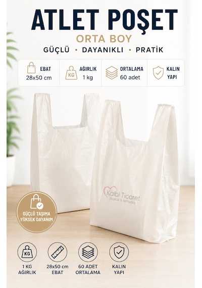 Kalbi Ticaret Kalın Kırık Beyaz Atlet Poşet Orta Boy 1 KG