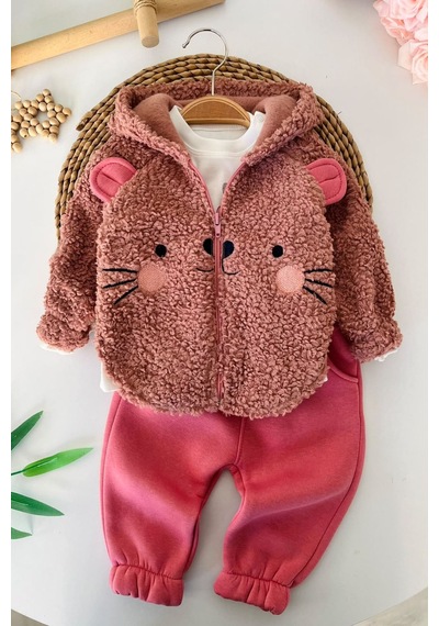 Minigimin Cicileri Kedi Figürlü Peluş Ceketli, Baskılı Tişörtlü Ve Fırfır Paçalı Kız Bebek 3 Lü Takım - Gül Kurusu Minigimin Cicileri Kedi Figürlü Peluş Ceketli, Baskılı Tişörtlü Ve Fırfır Paçalı Kız Bebek 3 Lü Takım - Gül Kurusu
