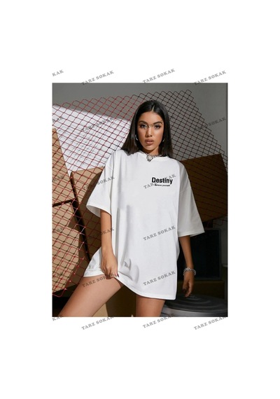 Tarzsokak Kadın Destiny Baskılı Oversize Penye T-shirt Beyaz