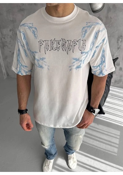 Erkek Bisiklet Yaka Yıldırım Baskılı Kısa Kol T-shirt - Beyaz Beyaz