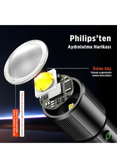 Philips Sfl2203 450 Lümen 5w Led El Feneri Teleskopik Zoom Sos Modlu Metal Gövdeli Şarj Edilebilir Uzun Menzilli Flashlight