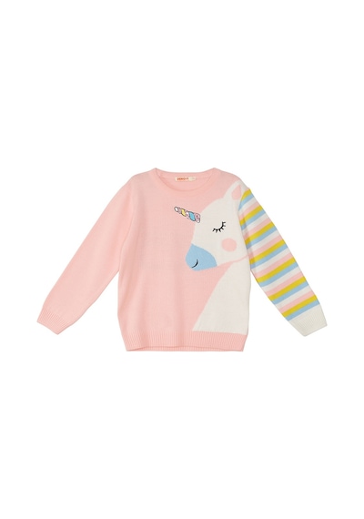 Denokids Unicorn Kız Çocuk Pembe Triko Kazak Çok Renkli