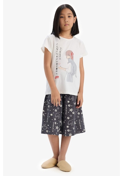 DeFacto Kız Çocuk Pijama Takımı Baskılı Kısa Kollu Üst Kapri Alt E2227A825SMER85 Ekru