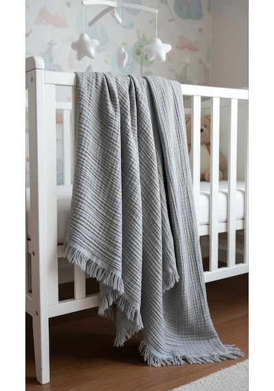 4 Katlı %100 Pamuk Müslin Saçaklı Bebek Battaniye (100x120 cm)(250 Gram) Açık Gri