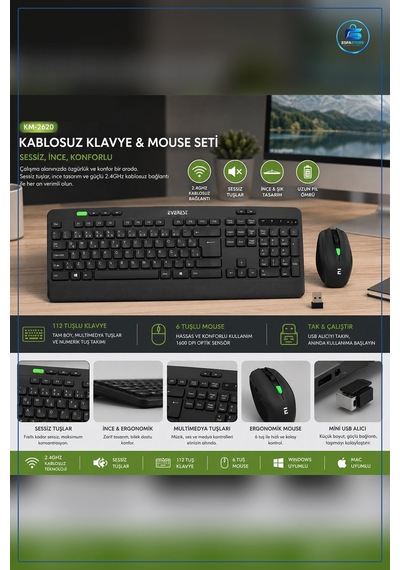 Klavye Mouse Seti Kablosuz Usb Sessiz Türkçe Q Nano Alıcılı Ev Of Optik