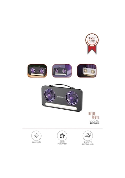 Torima F-23 Siyah Led Işıklı Çift Fanlı Mini Masaüstü Vantilatör 1200mah Şarjlı, Type-c Girişli, Taşınabilir Fan
