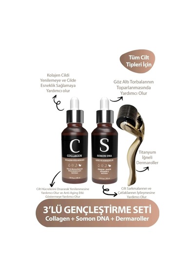 Collagen Serum, Somon Dna Serum, Dermaroller Seti, Gençleştirici Yüz Bakım, 3'lü Set