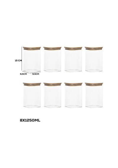 Porsima 6-4 Bambu Vakumlu Kapaklı Kare Borsilikat Cam 8li Kavanoz Seti Saklama Kabı 1250ml 9,5x15cm