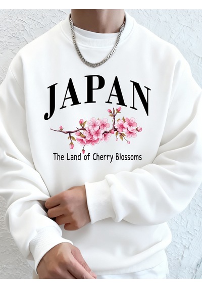 Startmore Startmorejaponya Kiraz Çiçekleri Ülkesi Baskılı Erkek Kapüşonlu Üstleri Sonbahar Bol Sweatshirt Temel Beyaz