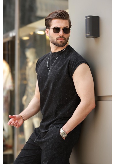 Madmext Siyah Basic Erkek Yırtık Detaylı Şort T-shirt Takım E7319