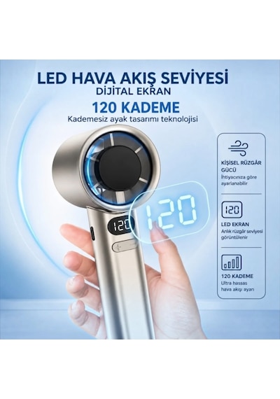 Dijital Göstergeli 14000 Rpm Turbo Şarjlı El Fanı 5 Kademeli Taşınabilir Mini Vantilatör Cep Tipi Güçlü Soğutucu Mavi Renk