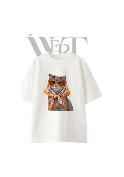 Thewert Babushka Kedi 1 Tasarım Baskılı Ünisex Beyaz Oversize T-shirt