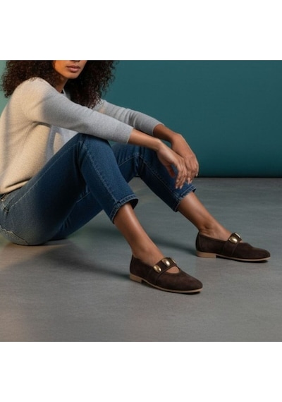 Ne&ve Shoes Kahve Süet Gold Aksesuar Detaylı Lastikli Kadın Şık Ve Rahat Babet Kahverengi