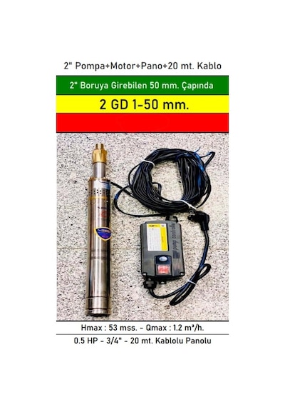 2 Gd 1-50 Mm Çapında 0.5 Hp 2" Boruya Göre Dalgıç Pompa+motor+pano+20 Mt. Kablo
