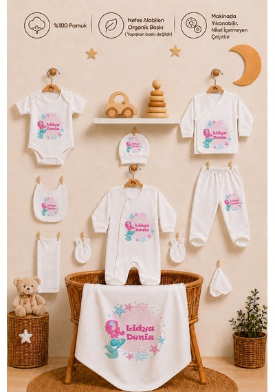 Pia Baby Kız Bebek Hastane Çıkışı 10'lu Yenidoğan Set %100 Pamuk İsme Özel Organik Baskılı 207310yx Ekru