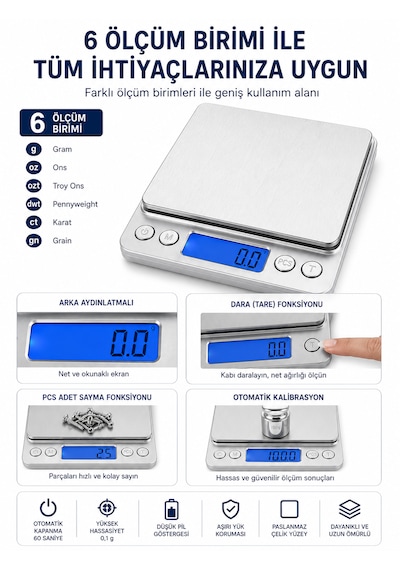Dijital Hassas Mutfak Tartısı 3000 G Kapasiteli 0,1 G Hassasiyetli Lcd Ekranlı 6 Ölçüm Birimli Açık Gri