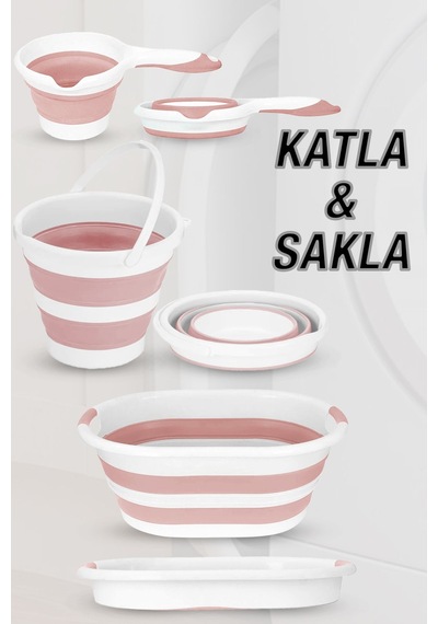 4'lü Set - 90 Lt Bölmeli Kirli Çamaşır Sepeti Katlanabilir Sepet Akordiyon Su Kovası Maşrapa Pembe Pembe