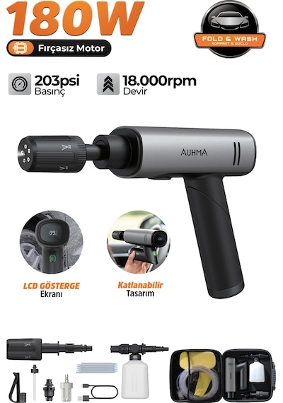 Auhma Acr-09 180w Fırçasız Şarjlı Basınçlı Yıkama Makinesi Katlanabilir Kablosuz Oto Yıkama Tabanc Gri