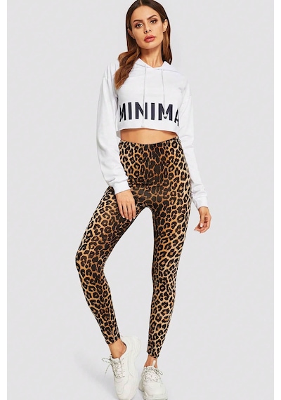 Moda Dua Kadın Leopar Desenli Yüksek Bel Dar Kesim Esnek Tayt