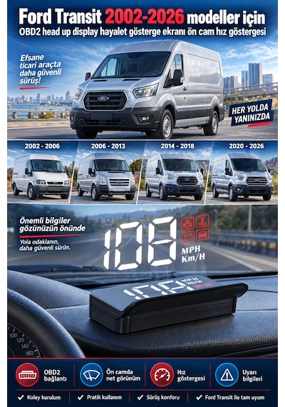 Ford Transit 2002-2026 Modeller İçin Obd2 Head Up Display Hayalet Gösterge Ekranı Ön Cam Hız Göstergesi