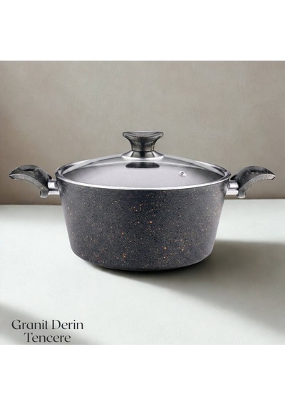 24 Cm Granit Derin Tencere Cam Kapak - Siyah Siyah