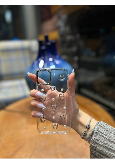 İphone 12 Pro Max Uyumlu Kalp Desenli Darbeye Karşı Dayanıklı Kılıf Plastıc Cover Gri