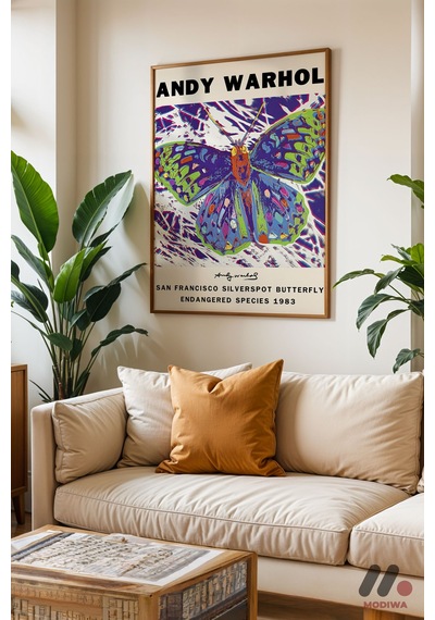 Andy Warhol Kelebek Posteri, Ahşap Çerçeveli Duvar Tablosu - Modern Ev Dekorasyonu