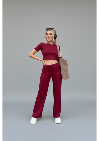 Kadın Bol Paça Slim Fit Takım Bordo