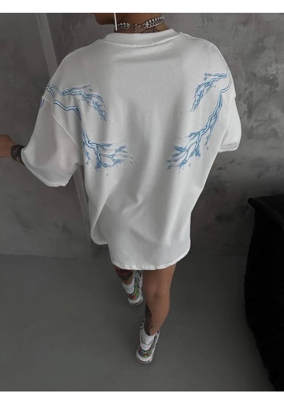 Kadın Bisiklet Yaka Baskılı Oversize Kısa Kol T-shirt - Beyaz Beyaz