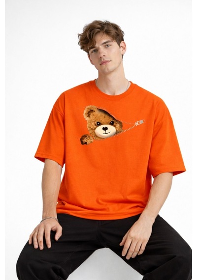 Misa Tahtakale Mn - Bear Baskılı Oversize Tişört Turuncu Çok Renkli