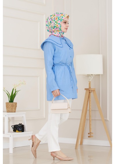 Sevitli Çift Yaka Dantelli Tunik-indigo-4986 Indigo