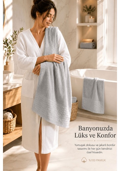 2'li Büyük Boy Banyo Havlusu 90x150 Cm %100 Pamuk Siena Collection 650 Gr Açık Gri