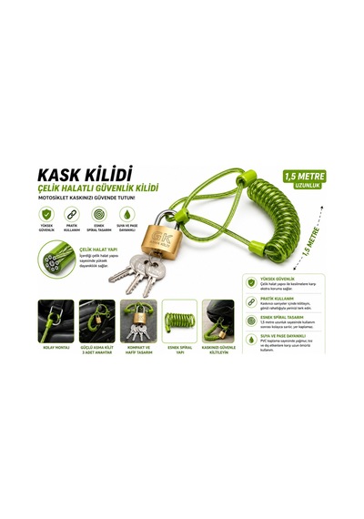 Yeşil Motosiklet Kask Güvenlik Kilidi Çelik Halatlı Spiral Kablo 3 Anahtar Yeşil