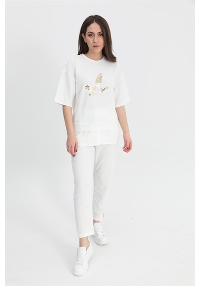 Wpr Takım Eteği Çimalı Kuş Baskılı Beli Lastikli T-shirt Pantolon - Ekru