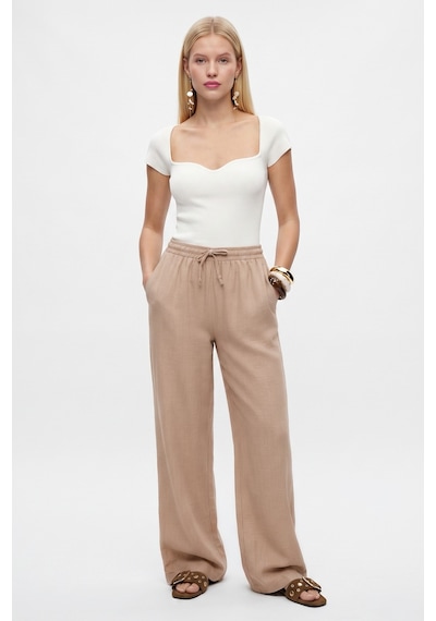 Ritnice Kadın Keten Comfynew Soft Bej Düz Kesim Bel Lastikli Pantolon