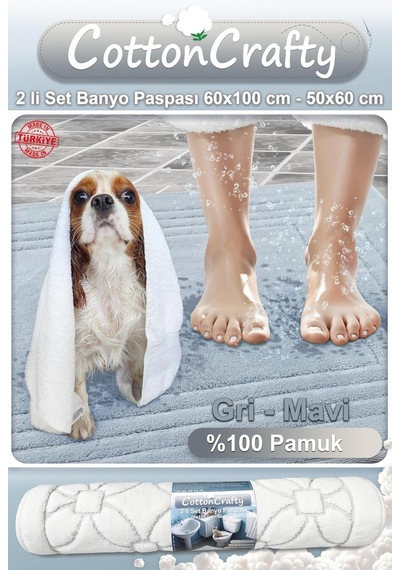 Cottoncrafty %100 Pamuk Dokuma Su Emici Banyo Paspas Seti, Banyo Halısı Vera 2 Li Set 60x100-60x50 Gri Genel