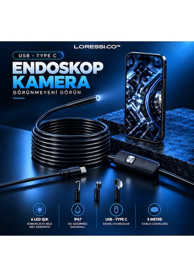 5 Metre Scope Pro Endoskop Yılan Kamera Ip67 Su Geçirmez Boroskop / Type-c & Usb Uyumlu - Android