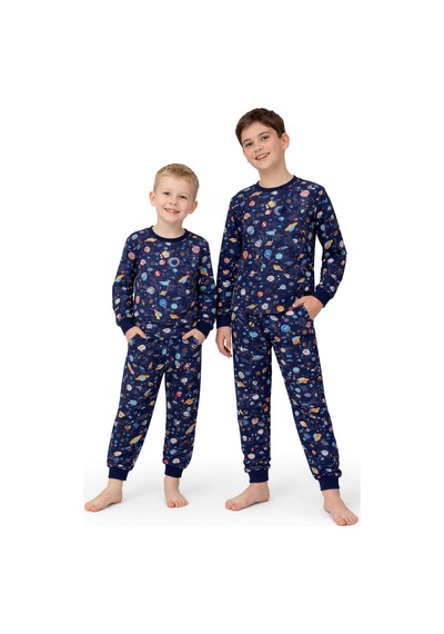 Zuzunga Astronot Temalı Pamuk Unisex Çocuk Pijama Takımı Lacivert2