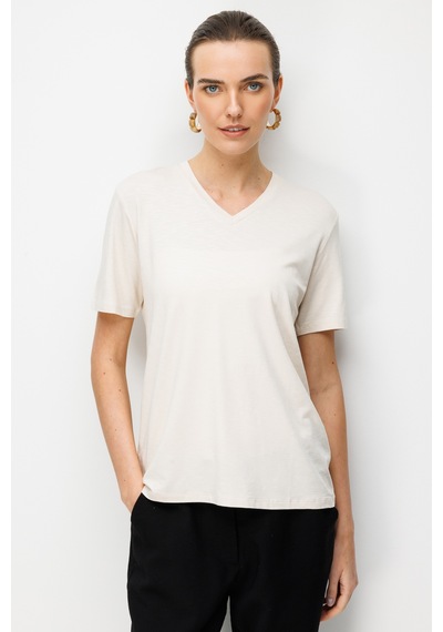 Kadın V Yaka Flamlı Kumaş Basic Tshirt Bej Bej