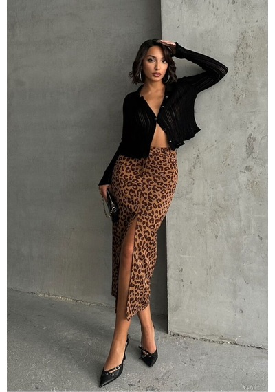 Verymoda Leopar Desenli Uzun Kalem Etek F1665 Kamel Kahve