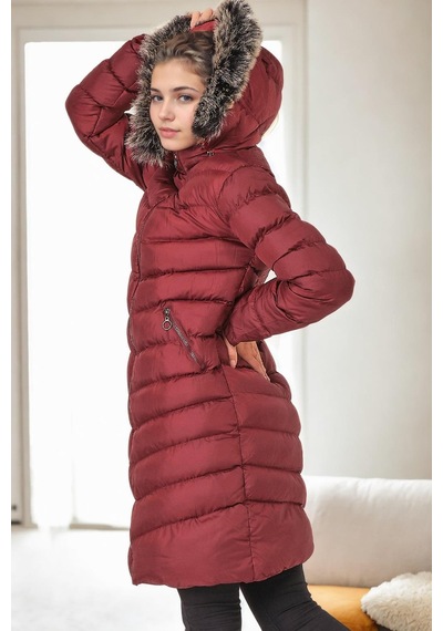 Z9690 Dewberry Kürklü Kapşonlu Bayan Kaban-bordo Bordo