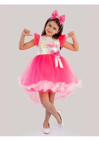 Cantoy Kız Çocuk Önü Kısa Arkası Uzun Taçlı Barbie Kostüm-15220 Pembe