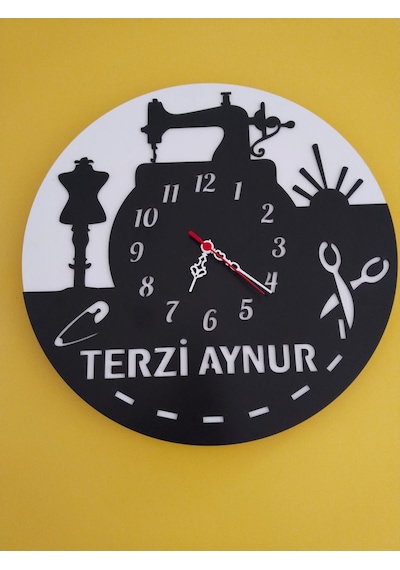 Terzi Perde Dikiş Nakış Ahşap Duvar Saati -sağlam Ve Uygun Hediye Şık Siyah - Beyaz