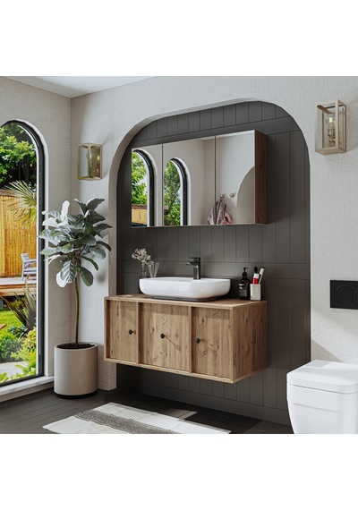Oval Lavabolu Mdf 105 Cm Çekmeceli Dolabı + Aynalı Dolap Atlantik Atlantik Çam