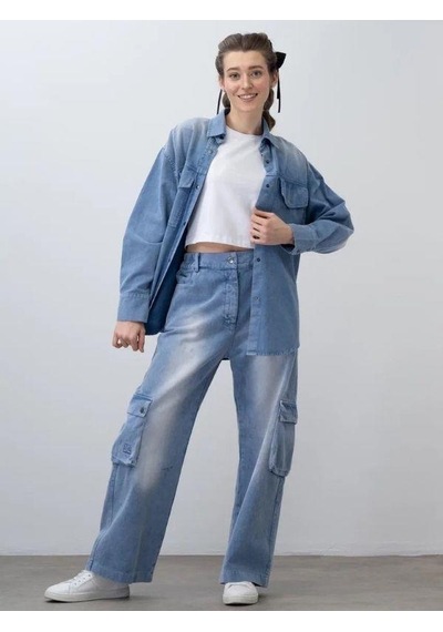 Zekids Kız Çocuk Beli Lastikli Gabardin Pantolon-15534 Mavi