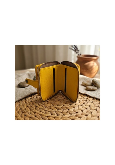 Passtell %100 Hakiki Deri Fermuarlı Spor Model Unisex Kredi Kartlık Ve Cüzdan Küçük Boy Hardal Hardal