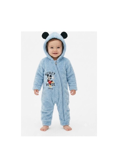 Chicsy Baby Tatlı Bebek Mickey Mouse Welsoft Tulum Nakışlı Kulaklı Kapüşonlu Fermuarlı Peluş Kışlık Bebek Tulumu Mavi