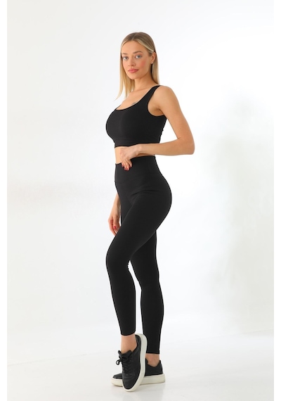 Kallima Siyah Toparlayıcı Yüksek Bel Fitilli Spor Tayt-crop Takım