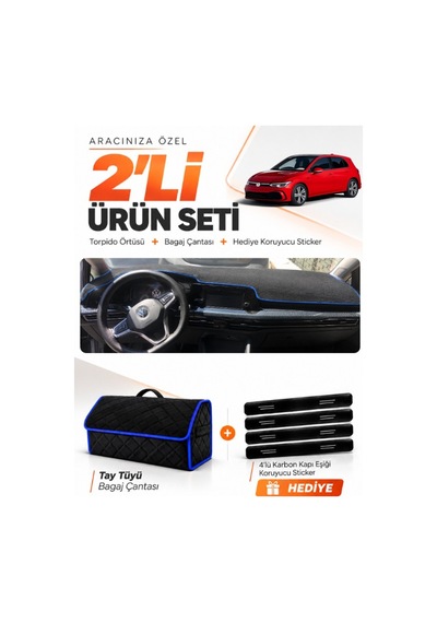 Volkswagen Golf 8 2021-2025 Uyumlu Torpido Örtüsü + Tay Tüyü Bagaj Çantası + Sticker - Siyah Mavi