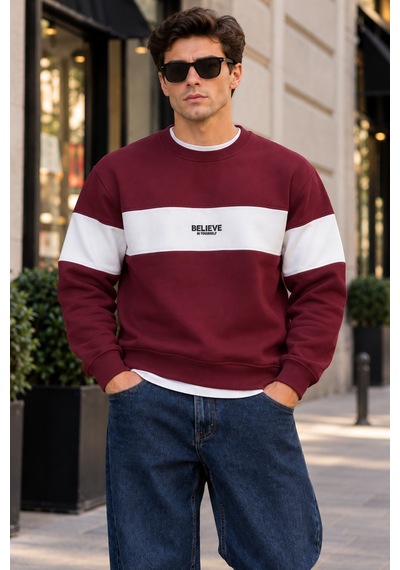 Tarz Cool Erkek Şerit Detaylı Believe Baskılı 3 İplik Şardonlu Bisiklet Yaka Sweatshirt Bordo